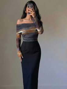 Modelyn Knitted Tie Dye Print Elastic Mesh Splice Solid Black Off Shoulder Long Sleeve Fitted Bodycon Party Graduation Elegant Fashionable Dress, Autumn - Black - View 8