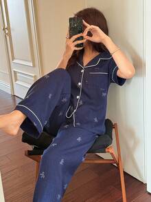 Napfluff Women's Spring/Summer Faux Embroidered Bow Print Short Sleeve Pajama Set - Blue - View 4