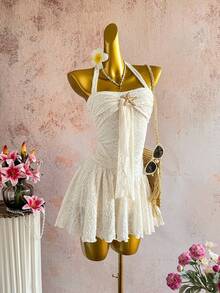 Elamini 女士春夏休闲时尚日常百搭派对纹理面料金属海星吊带蝴蝶结迷你连衣裙，杏色 - 米色 - 查看 3