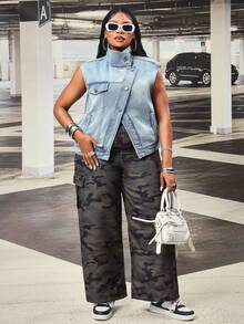 Slaydiva 大码女式时尚水洗牛仔外套 - 淺色水洗藍 - 查看 7