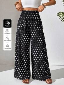 SHEIN Holidaya Quần ống rộng chấm bi cạp chun nữ, quần dài chấm bi dáng rộng, quần dài chấm bi casual mùa xuân hè, phong cách casual đi nghỉ mát, thời trang và thanh lịch, phù hợp cho mặc hàng ngày, đám cưới, tiệc tùng, đi làm, tiệc tốt nghiệp, lễ hội, kỳ nghỉ. - màu đen - Xem 2