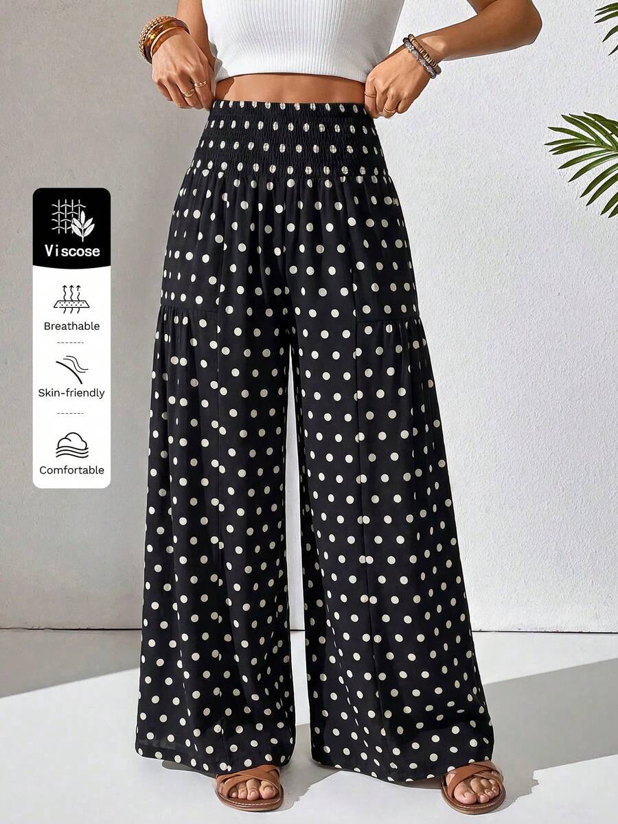 SHEIN Holidaya Quần ống rộng chấm bi cạp chun nữ, quần dài chấm bi dáng rộng, quần dài chấm bi casual mùa xuân hè, phong cách casual đi nghỉ mát, thời trang và thanh lịch, phù hợp cho mặc hàng ngày, đám cưới, tiệc tùng, đi làm, tiệc tốt nghiệp, lễ hội, kỳ nghỉ.