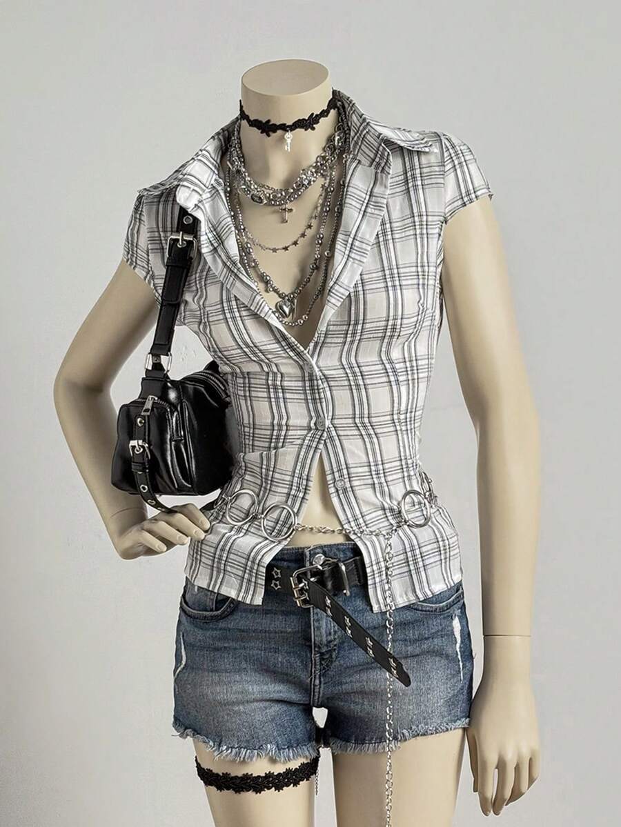 EgrlEra Women's Sexy Plaid Fabric Slim Fit Commuter Minimalist Office Lady Shirt - Multicolor - View 1