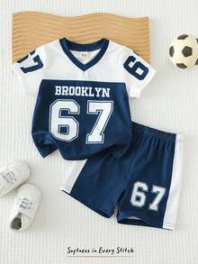 Cozy Pixies Kids Baby Boy Summer V-Neck Short Sleeve Shorts Sports Suit, Letter Print Soft Knit Crew Neck Tee And Elastic Waist Shorts 2-Piece Set, Suitable For Match, Sports, Competition, Basketball, Football, Table Tennis, Baseball, Badminton, Ball Games, Running, Casual Sports, Outdoor Play, Multi-Occasion, Suitable For Summer - Multicolor - View 4