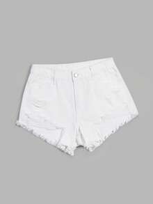 SHEIN EZwear 女士休闲时尚街头风日常通勤百搭做旧毛边白色牛仔短裤，夏季 - 白色 - 查看 3