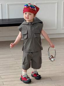 Dazy Kids Bộ áo sơ mi không tay có mũ kiểu Hàn Quốc cho bé trai - Xám - Xem 6