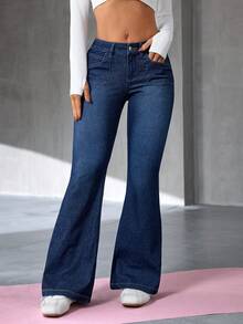 Flexra Women's Casual Elastic Washed Denim Flare Pants - Blue - View 3