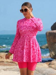 Swim Shayni Plus Size Summer Vacation Floral Print Long Sleeve Top And Burkini Swimwear Set - Multicolor - View 5