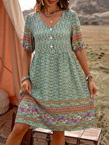 EMERY ROSE 印花纽扣休闲连衣裙，适合度假海滩穿着（女款） - 綠色 - 查看 5