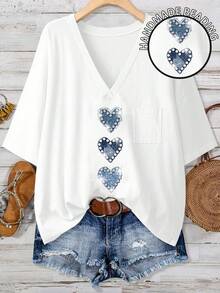 Women's Plus Size V-Neck Rhinestone & Faux Pearl Heart Graphic Casual Short Sleeve T-Shirt, Suitable For Summer Daily Wear - Multicolor - View 1