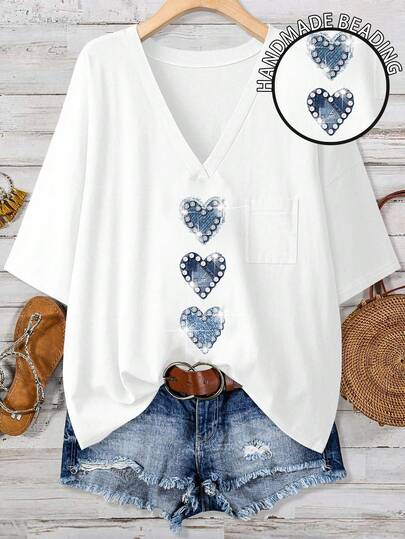 EMERY ROSE 女士加大码V领水钻仿珍珠爱心图案休闲短袖T恤，适合夏季日常穿着
