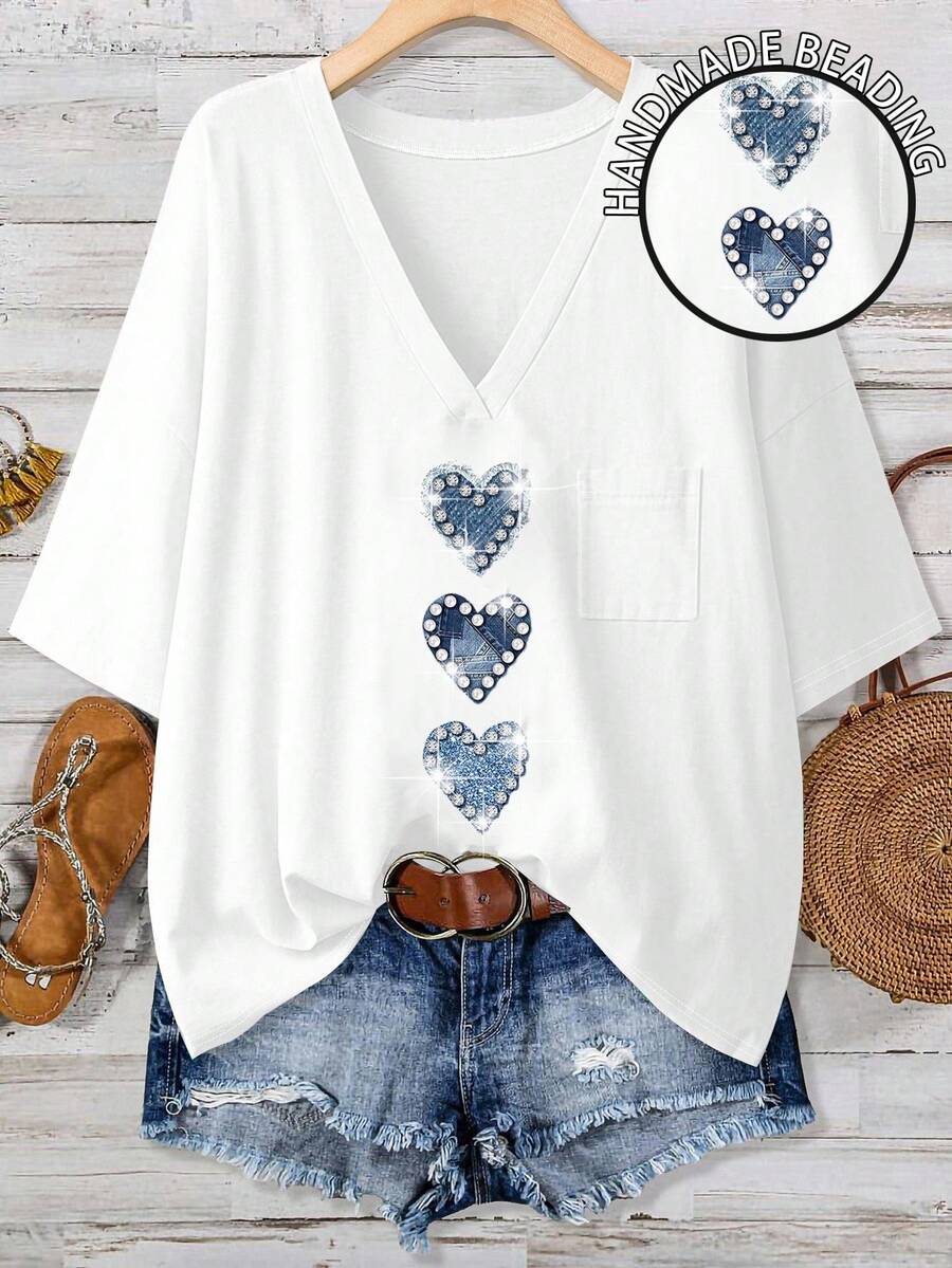 Women's Plus Size V-Neck Rhinestone & Faux Pearl Heart Graphic Casual Short Sleeve T-Shirt, Suitable For Summer Daily Wear - Multicolor - View 1