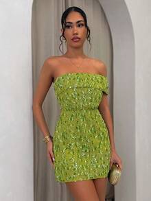 Glamine Women's Elegant Lime Green Sequin Mini Dress,70s Summer Party Cocktail Dress,Asymmetrical Shoulder Fitted Sparkly Strapless Outfits - Green - View 8
