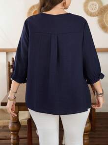 Lacomfia Plus Size Women's Fashion Long Sleeve Pleated Front Drawstring Long Sleeve Blouse - Navy Blue - View 2