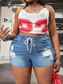 Slaydiva Plus Size Women Summer Casual Fashionable Street Chic Daily Commute Drawstring Waist Distressed Washed Denim Shorts - Light Wash - View 6