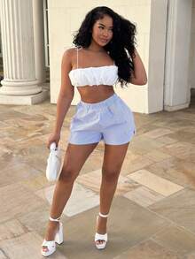 Alexandranx Shorts con estampado de rayas de cintura elástica - Azul y blanco - Ver 1