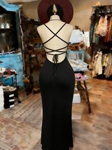INAWLY Sexy Bodycon Spaghetti Strap Dress With Criss-Cross Back For Women - Black - View 2