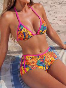 Swim Vcay 女士热带树叶和芙蓉花印花挂脖比基尼套装，时尚撞色三角上衣和平角短裤，春夏秋季款 - 彩色 - 查看 2