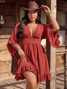 LanaWest CURVE Đầm midi dáng chữ A cổ chữ V tay cánh hoa xếp ly dành cho nữ cỡ lớn, trang phục thường ngày cho kỳ nghỉ ở vùng quê. - Gỗ đỏ - Xem 1