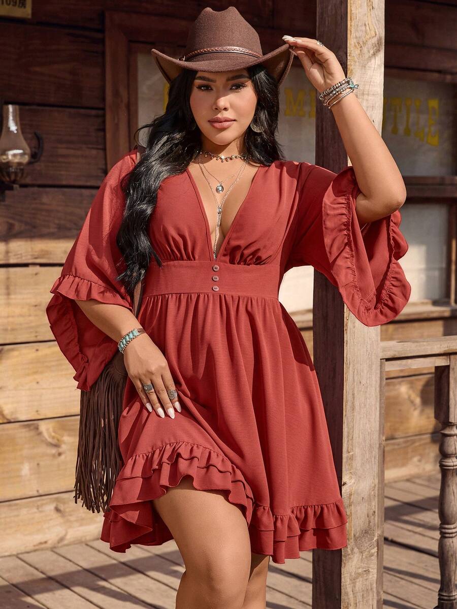 LanaWest CURVE Đầm midi dáng chữ A cổ chữ V tay cánh hoa xếp ly dành cho nữ cỡ lớn, trang phục thường ngày cho kỳ nghỉ ở vùng quê. - Gỗ đỏ - Xem 1