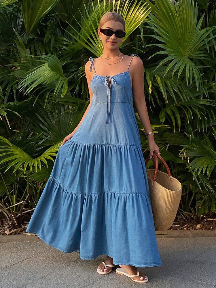 Women's Lace-Up Cake Skirt, Casual Sleeveless Long Denim Dress Summer Boho