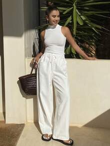 Dazy Tall 高个女式抽绳系腰水洗白色休闲牛仔裤 - 白色 - 查看 6