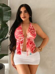 SHEIN SXY Summer Front Slit, Backless, Knotted Halterneck Black Top,Carnival,Party,Rave Outfit ,Summer, Spring,Valentine's Day,Beach,Going Out,Vacation,Y2K - Multicolor - View 5