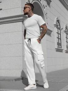 Manfinity CasualCool Men Solid Drawstring Waist Simple Daily Wide Leg Pants Long Plain All White Pants, For Going Out, For Fall - White - View 5