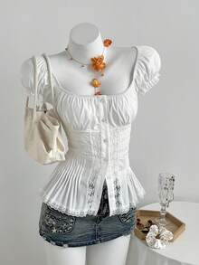 Elamini Áo kiểu ngắn tay ôm eo, cổ xếp ly, tay cánh hoa, phối ren tinh tế dành cho nữ. - trắng - Xem 5