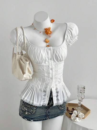 Elamini 甜美蕾丝拼接褶皱领花瓣袖修身短袖女式衬衫