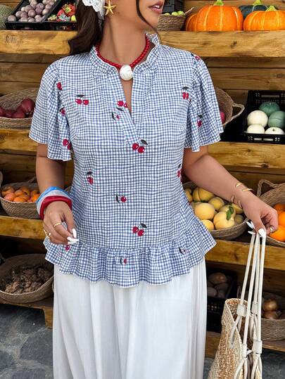 Weeklong Plus Size Women Spring/Summer Striped Base Peach Blossom Print Ruffle Hem Casual Vacation Shirt