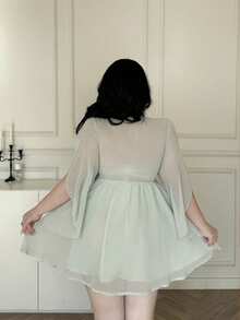 Vibekara Spring/Summer Party Sexy V-Neck Pearl Ruffle Asymmetrical Sleeve Gathered Waist A-Line Dress For Women - Mint Green - View 2