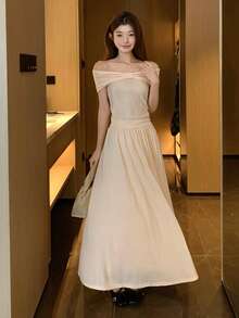 DAZY Women's French Style 2-Piece Set, Knotted Off-Shoulder Knit Top And High-Waist Skirt, Spring/Summer - Apricot - View 6