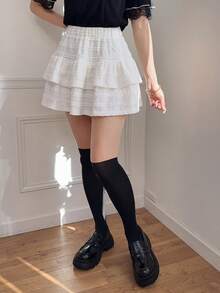 FRIFUL Women's Solid Black Ruffled Layered Hem Loose Casual Versatile Mini Skirt - Black - View 4