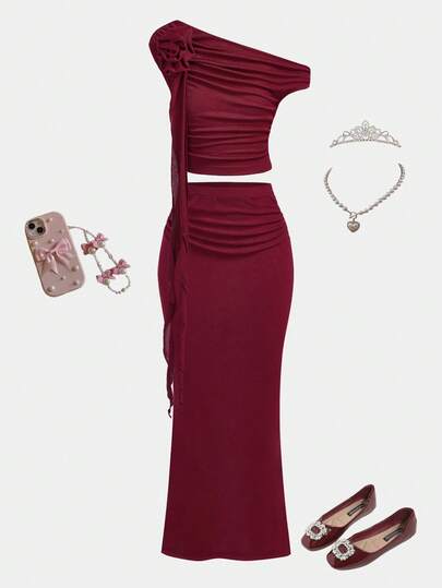 SHEIN Conjunto de top asimétrico de hombro y falda de punto de unicolor para niña preadolescente, de moda y elegante