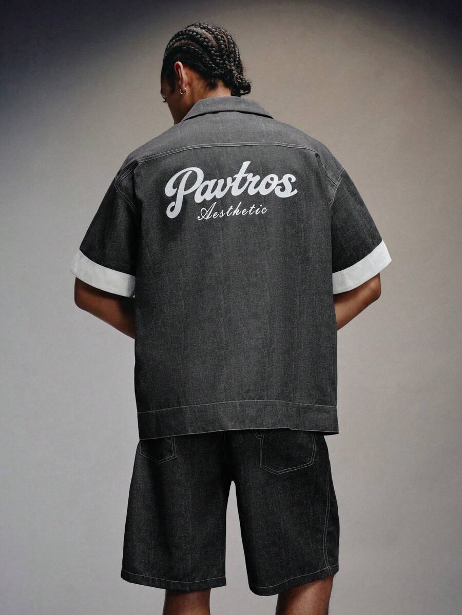 PAVTROS 男士丹寧效果印花短袖上衣與抽繩腰短褲套裝 男士寬鬆襯衫 - 黑色 - 查看 1