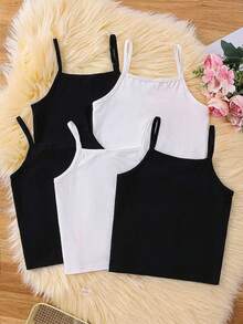 SHEIN 5件/包 女童白色牛奶丝面料简约吊带蝴蝶结吊带背心，休闲舒适针织打底衫，可作外套穿着 - 黑與白 - 查看 2