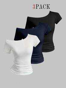 EMERY ROSE 3pcs Women's Summer Asymmetrical Shoulder Fitted T-Shirts, Basic Short Sleeve Tops - Multicolor - View 1