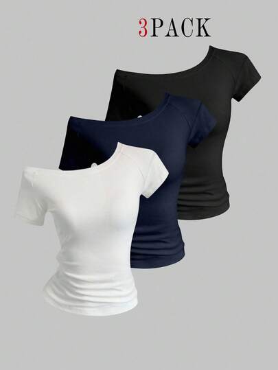 EMERY ROSE 3 buc tricouri asimetrice de vară pentru femei, cu umeri ajustați, topuri simple cu mânecă scurtă