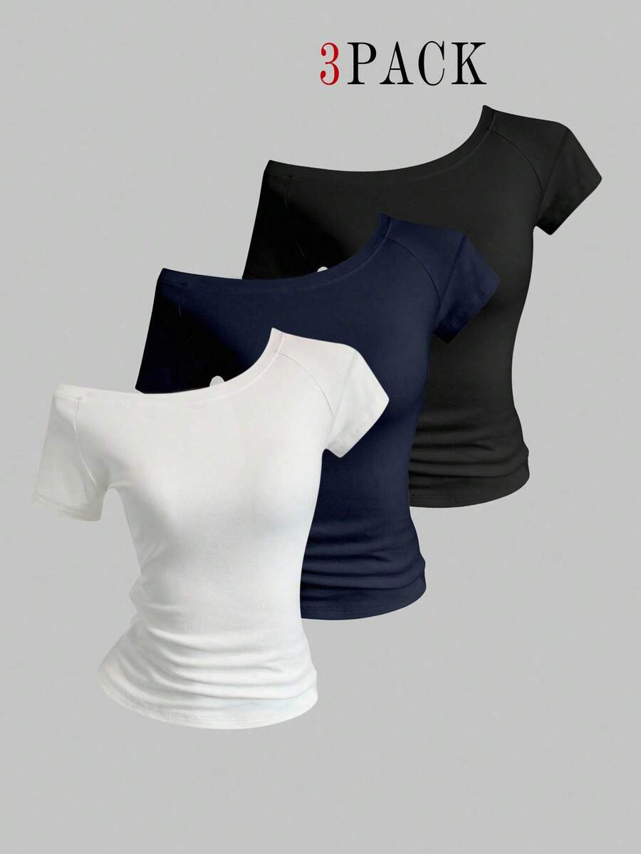 EMERY ROSE 3pcs Women's Summer Asymmetrical Shoulder Fitted T-Shirts, Basic Short Sleeve Tops - Multicolor - View 1