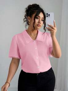 Elenzga 大码女士优雅白色衬衫，商务休闲款，彼得潘领，蕾丝边饰 - 淺粉色 - 查看 4