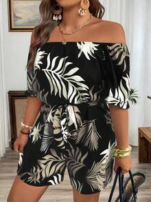 SHEIN Tall Tall Series Spring/Summer Botanical Floral Print Off-Shoulder Loose Casual Jumpsuit - Multicolor - View 4
