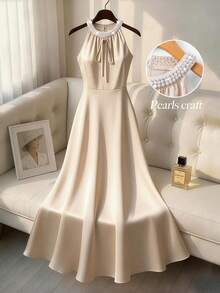 Lyxana 女士香槟色缎面露背珍珠系带修身优雅中长连衣裙，通勤奢华设计，春夏款 - 香檳色 - 查看 1