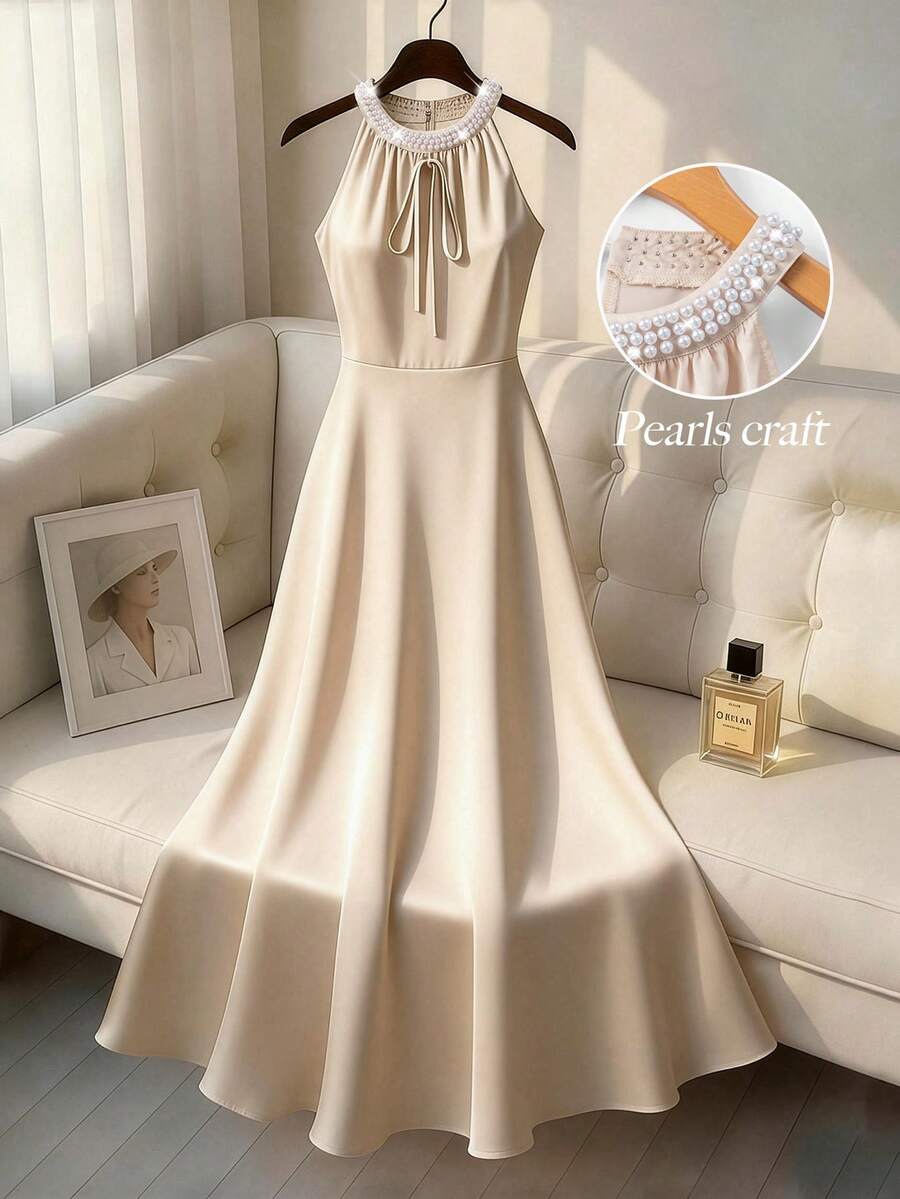 Lyxana 女士香槟色缎面露背珍珠系带修身优雅中长连衣裙，通勤奢华设计，春夏款 - 香檳色 - 查看 1