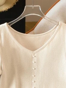 Lyxana Women's Casual Solid Color Slit T-Shirt, Versatile For Summer - Apricot - View 4