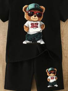 Bộ đồ mùa xuân hè cho bé trai, phong cách thường ngày, sáng tạo, cá tính, tươi mới, tối giản, dễ thương, họa tiết hoạt hình gấu đeo kính râm, áo thun ngắn và quần short đen cơ bản, thoải mái, ấm áp cho trang phục mùa hè. - màu đen - Xem 5