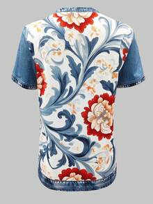 SHEIN LUNE 花卉印花拼接休闲圆领短袖T恤，夏季 - 彩色 - 查看 2