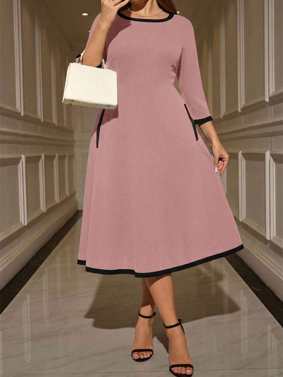 EMERY ROSE Robe ample à manches longues, col rond, style blocs de couleurs, pour femmes grandes tailles. Convient pour les sorties et les fêtes - Rose bonbon - Voir 1