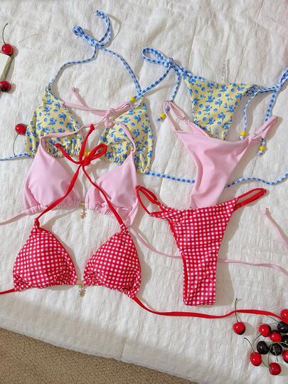 Elavelle Conjunto de bikini sexy con tirantes finos y estampado a cuadros para mujer, estilo Springbreak, para verano.