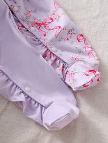 新生儿田园风淡粉色蝴蝶结花朵荷叶边领长袖连体裤发带套装，多件套 - 淡紫色 - 查看 4